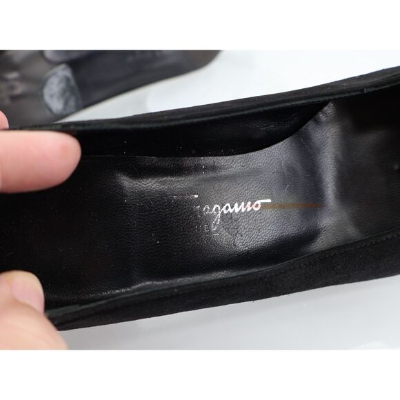 Salvatore Ferragamo Pump Women Size 7.5 B Black Suede Patent Cap Toe Square Toe - Picture 8 of 10